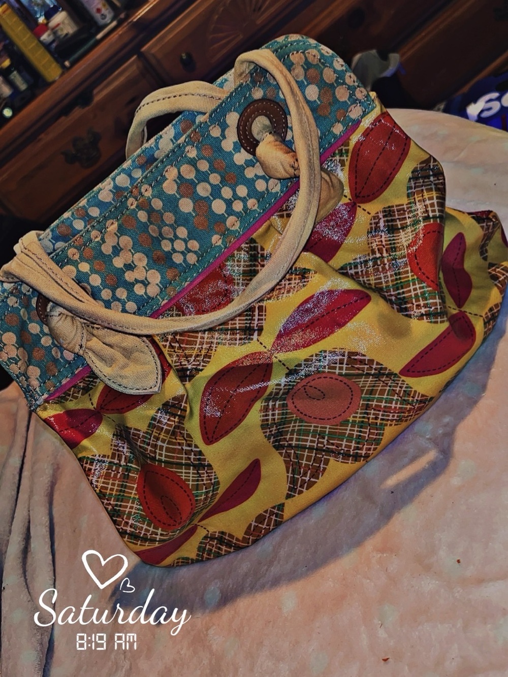 Multicolor Patterned Tote Bag with Teal Accent
